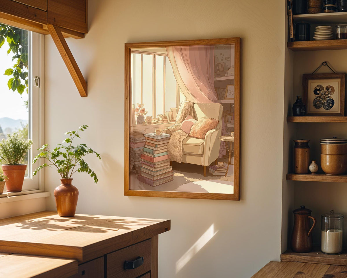 Cozy Reading Nook Wall Art, Book Lover Print, Cottagecore Library Décor, Soft Aesthetic Chair Poster, Reading Room Art, Pa...