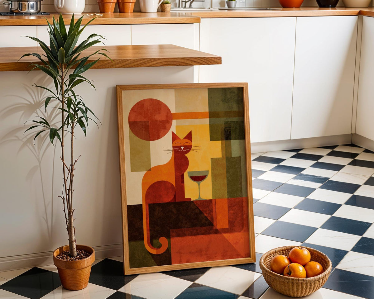 Cubist Cat Art Print | Geometric Mid-Century Modern Wall Art | Abstract Cat with Wine Poster | Retro Animal Illustration |...