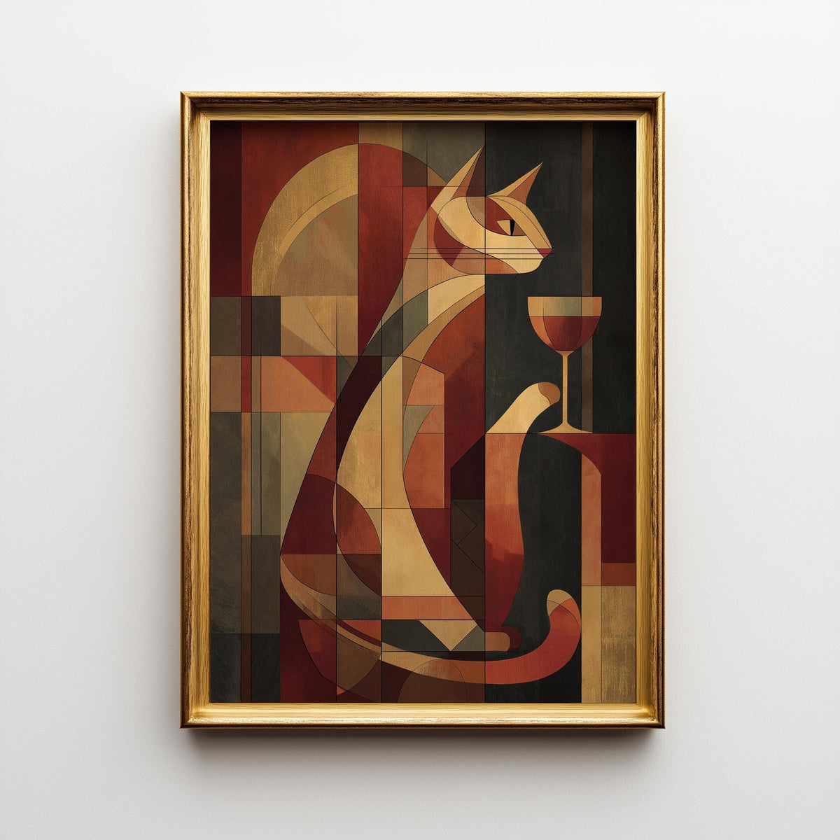Cubist Cat Art Print | Geometric Mid-Century Modern Wall Art | Abstract Cat with Wine Poster | Retro Animal Illustration |...
