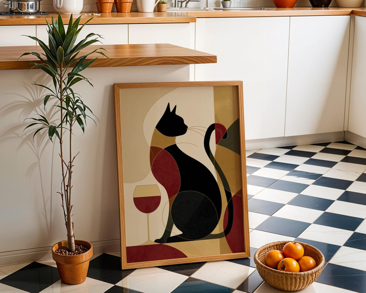 Cubist Cat Art Print | Geometric Mid-Century Modern Wall Art | Abstract Cat with Wine Poster | Retro Animal Illustration |...