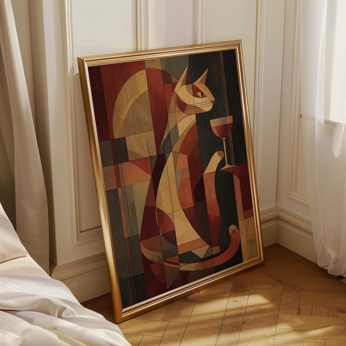Cubist Cat Art Print | Geometric Mid-Century Modern Wall Art | Abstract Cat with Wine Poster | Retro Animal Illustration |...