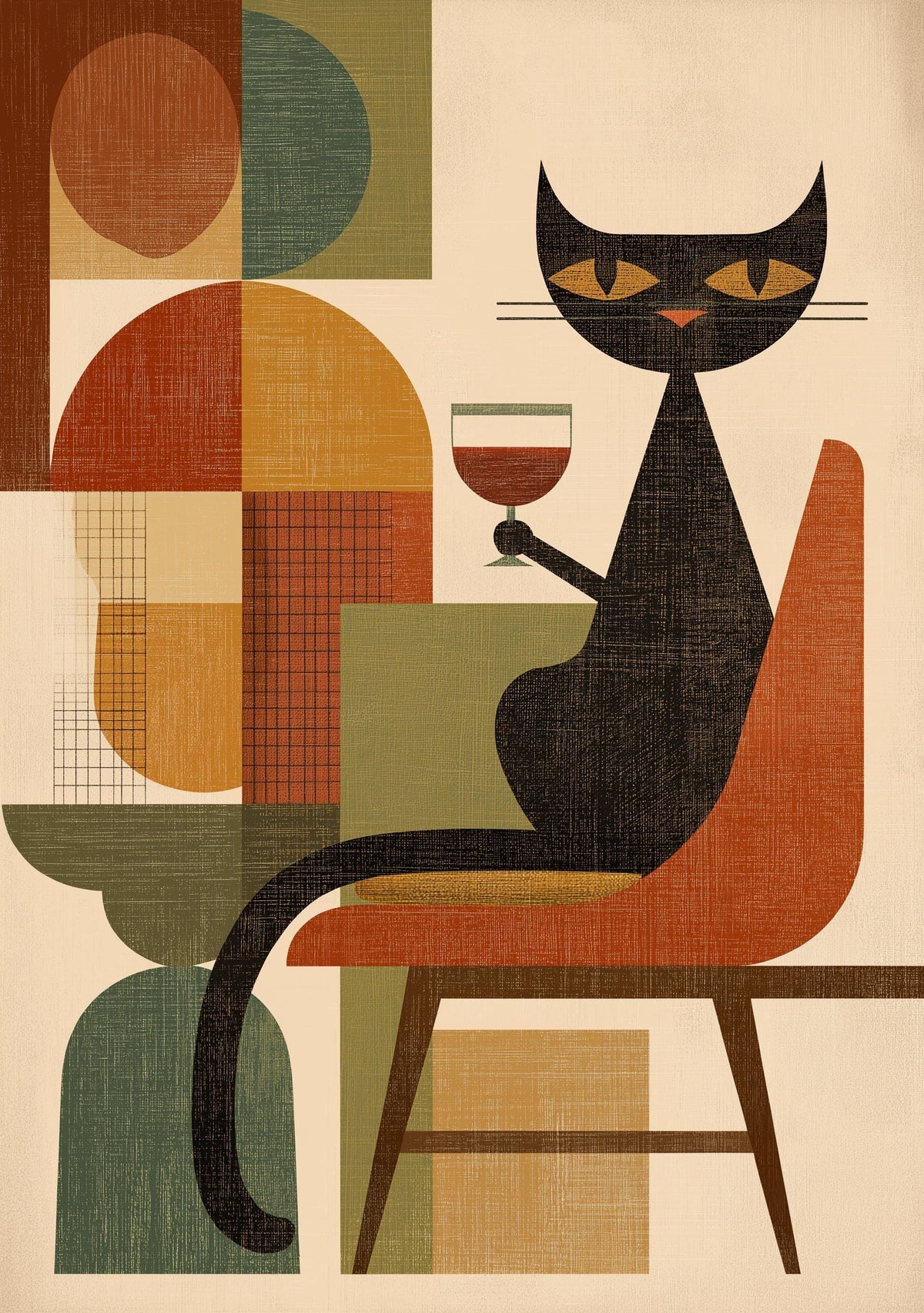 Cubist Cat Art Print | Geometric Mid-Century Modern Wall Art | Abstract Cat with Wine Poster | Retro Animal Illustration |...