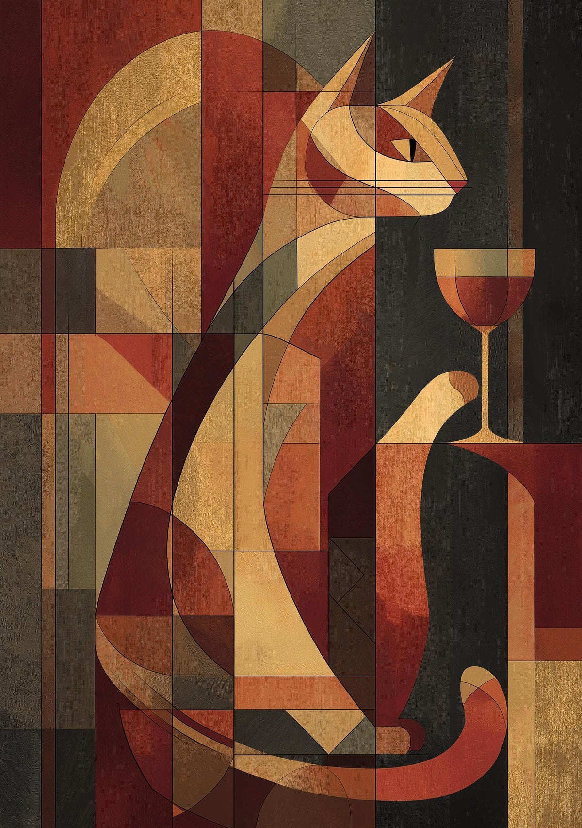 Cubist Cat Art Print | Geometric Mid-Century Modern Wall Art | Abstract Cat with Wine Poster | Retro Animal Illustration |...