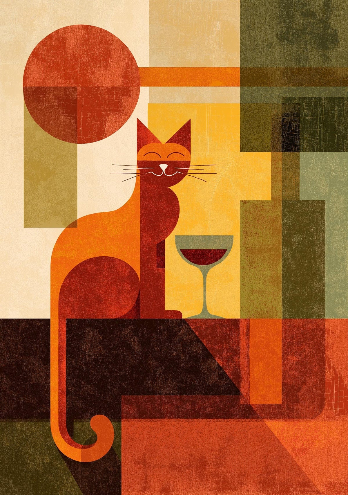 Cubist Cat Art Print | Geometric Mid-Century Modern Wall Art | Abstract Cat with Wine Poster | Retro Animal Illustration |...