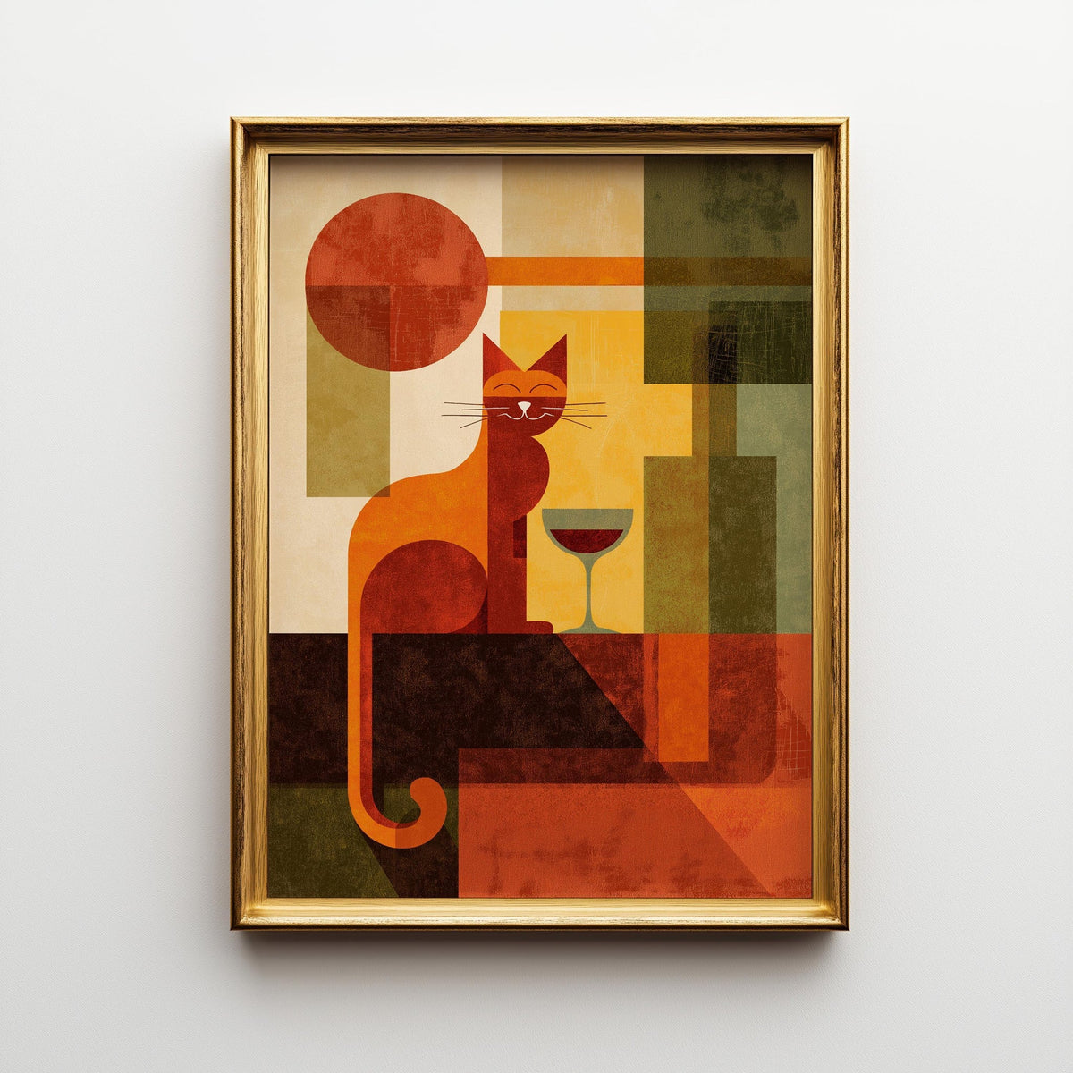 Cubist Cat Art Print | Geometric Mid-Century Modern Wall Art | Abstract Cat with Wine Poster | Retro Animal Illustration |...