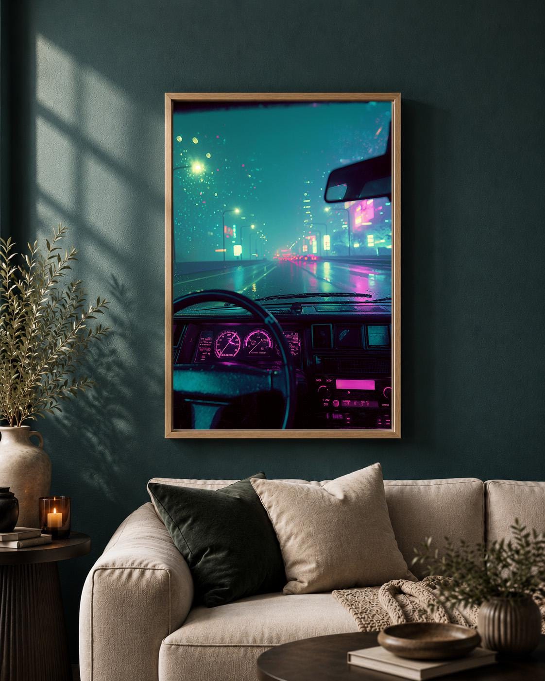 Cyberpunk City Drive Framed Canvas Art, Neon Synthwave Car Interior Decor, Framed Print by The Wall Art Studio - physical