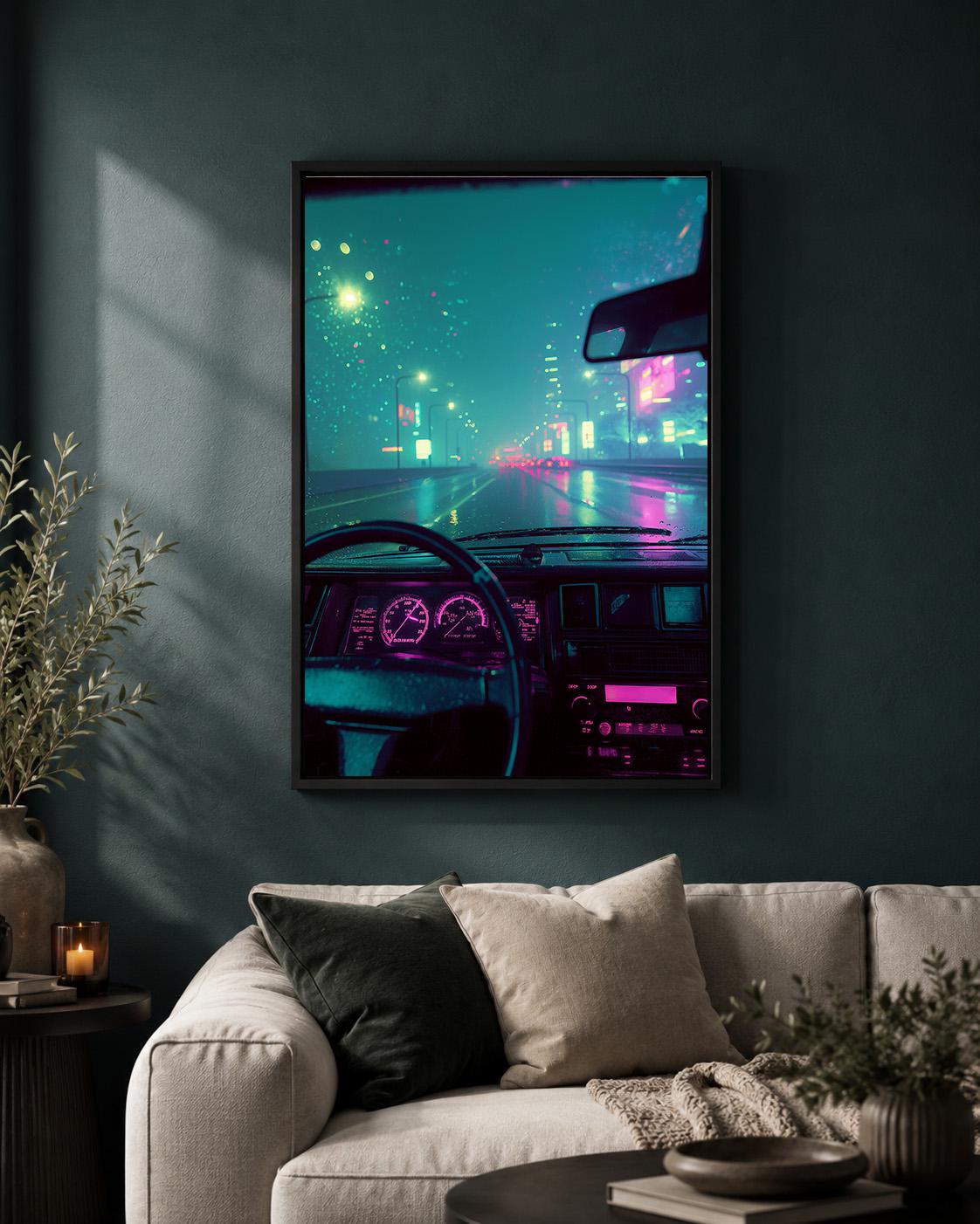 Cyberpunk City Drive Framed Canvas Art, Neon Synthwave Car Interior Decor, Framed Print by The Wall Art Studio - physical