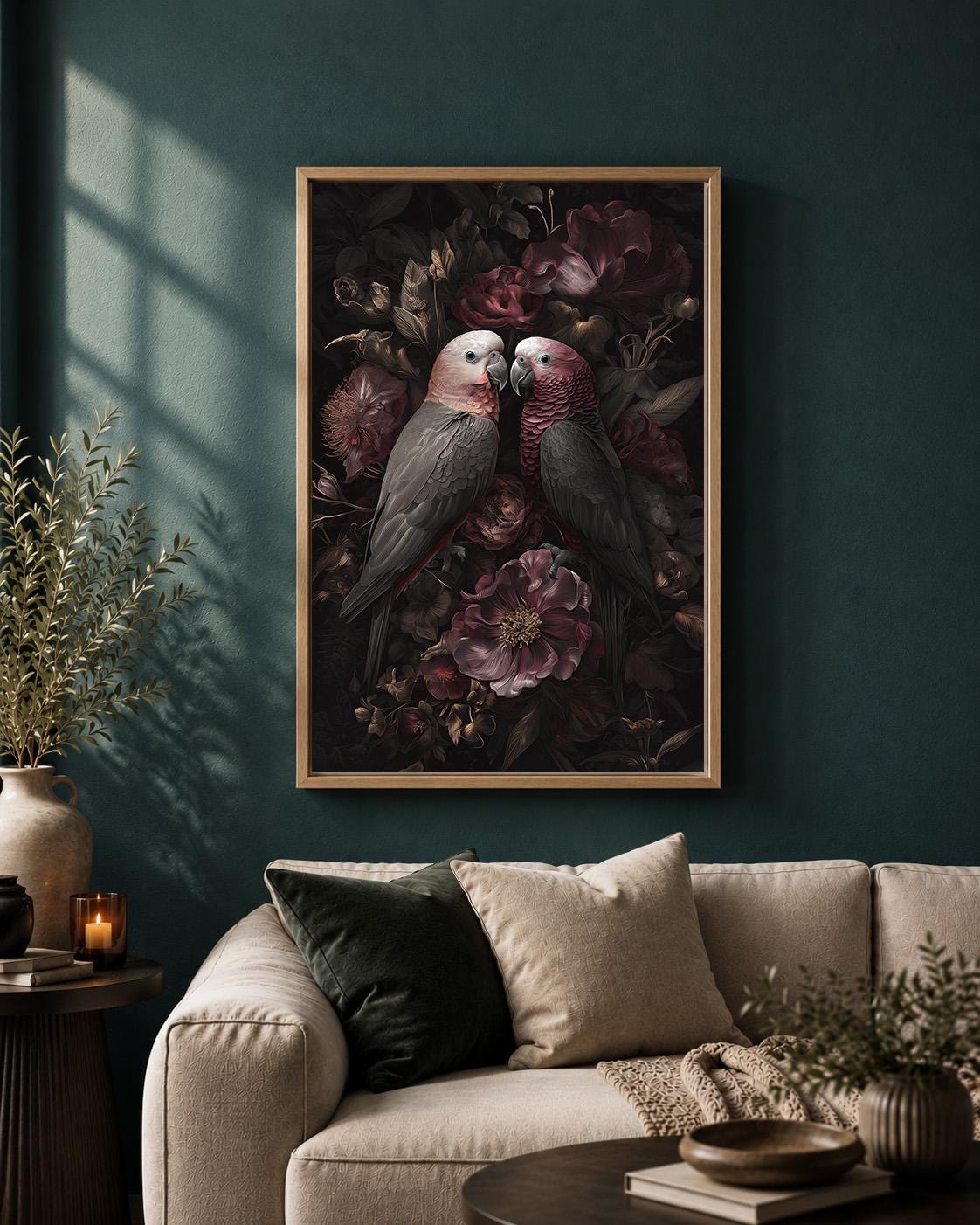 Dark Academia Parrots Floral Framed Canvas Art, Moody Botanical Tropical Wall Decor by The Wall Art Studio - physical