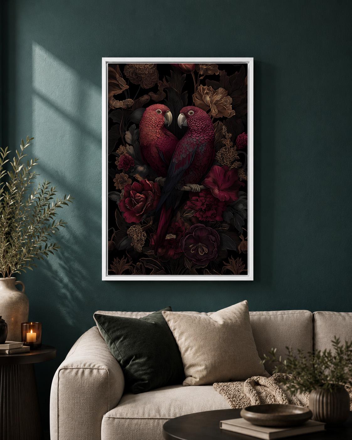 Dark Academia Parrots Floral Framed Canvas Art, Moody Botanical Tropical Wall Decor by The Wall Art Studio - physical