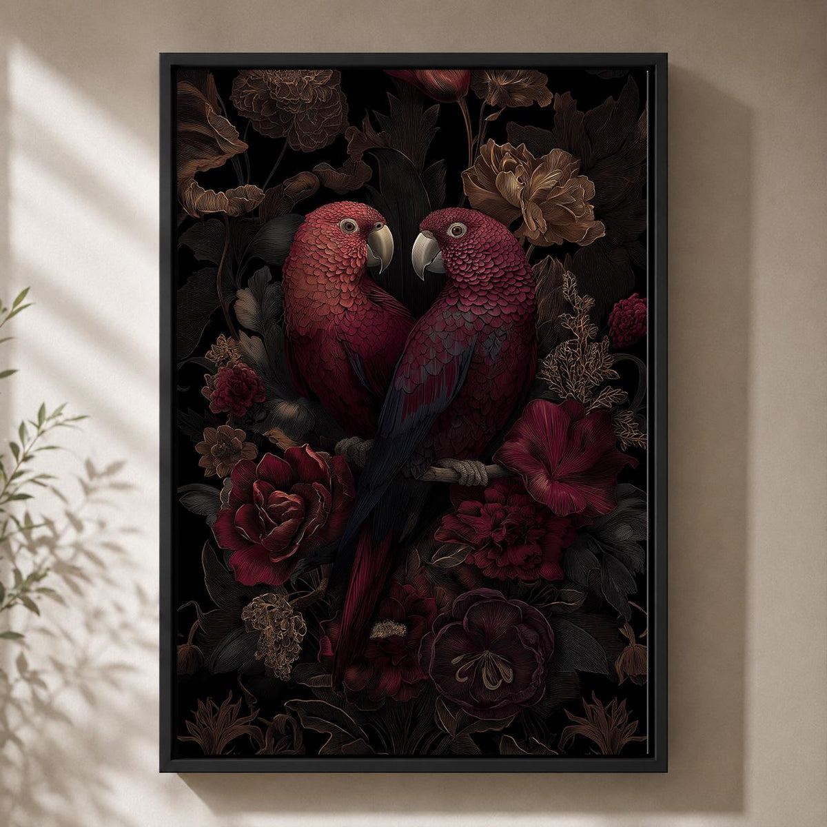 Dark Academia Parrots Floral Framed Canvas Art, Moody Botanical Tropical Wall Decor by The Wall Art Studio - physical