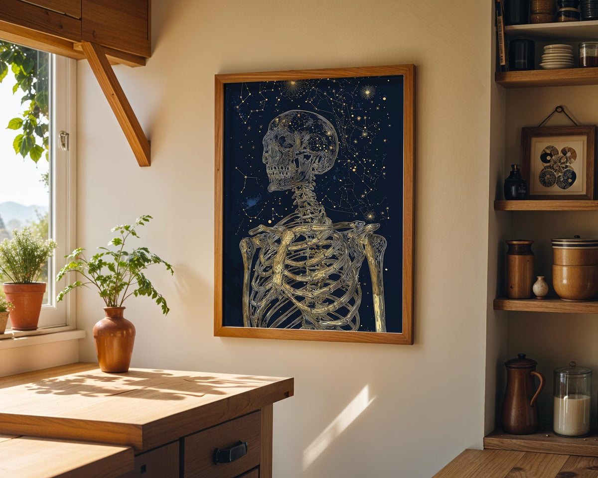 Dark Academia Skeleton Print, Celestial Gold Anatomy Wall Art, Gothic Astrology Décor by The Wall Art Studio - physical