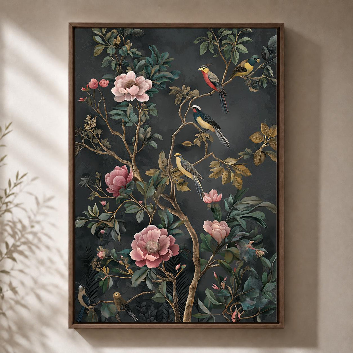 Dark Chinoiserie Floral Bird Framed Canvas Art, Moody Vintage Botanical Print, Maximalist Decor by The Wall Art Studio - p...