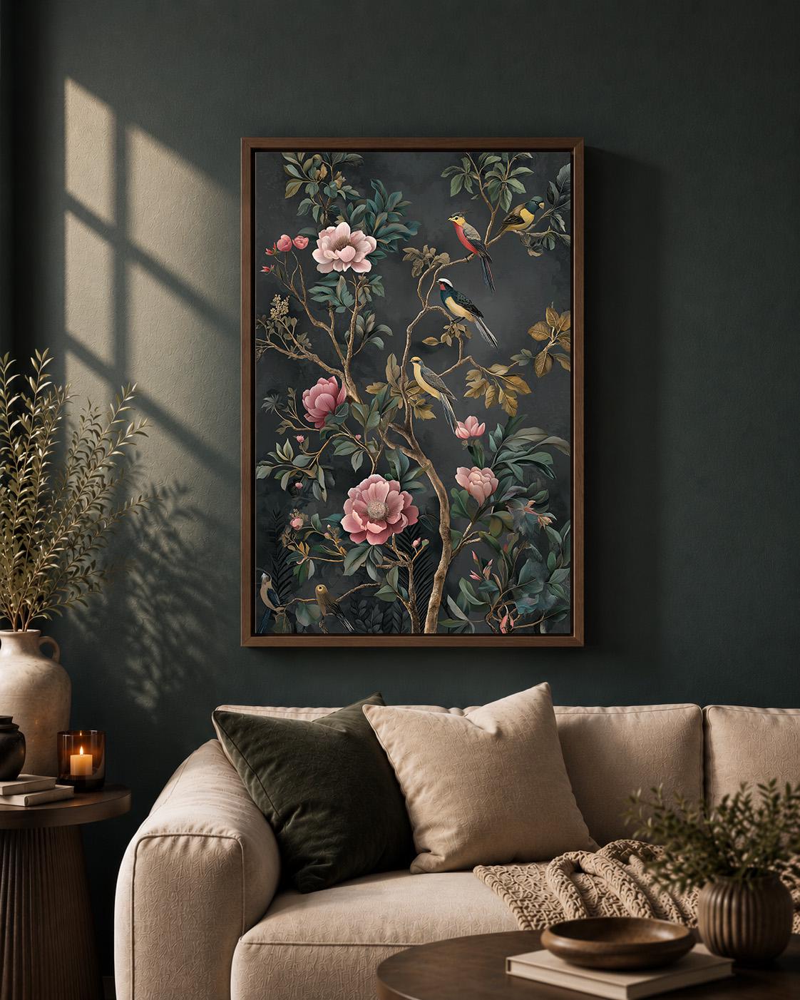 Dark Chinoiserie Floral Bird Framed Canvas Art, Moody Vintage Botanical Print, Maximalist Decor by The Wall Art Studio - p...