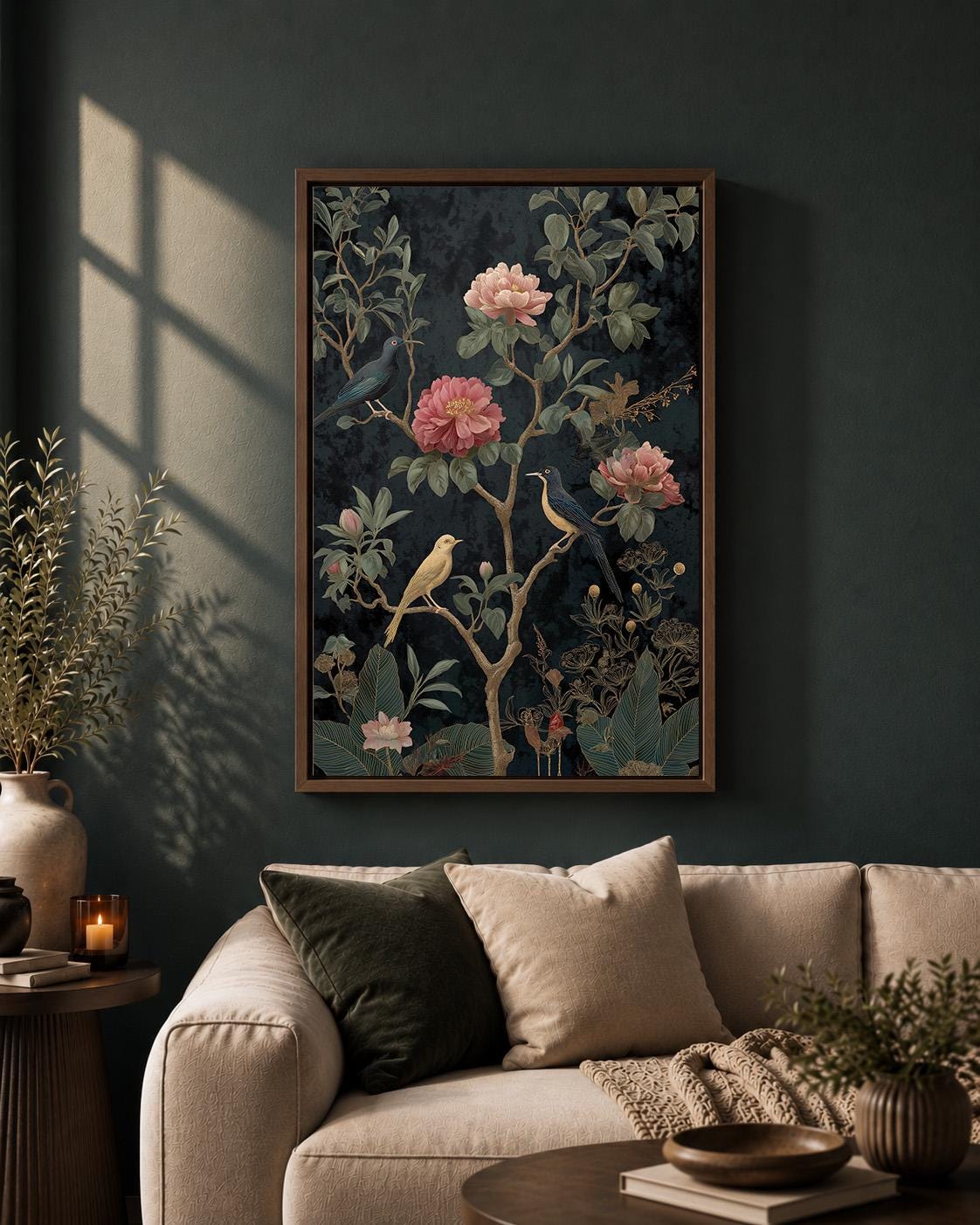 Dark Chinoiserie Floral Bird Framed Canvas Art, Moody Vintage Botanical Print, Maximalist Decor by The Wall Art Studio - p...