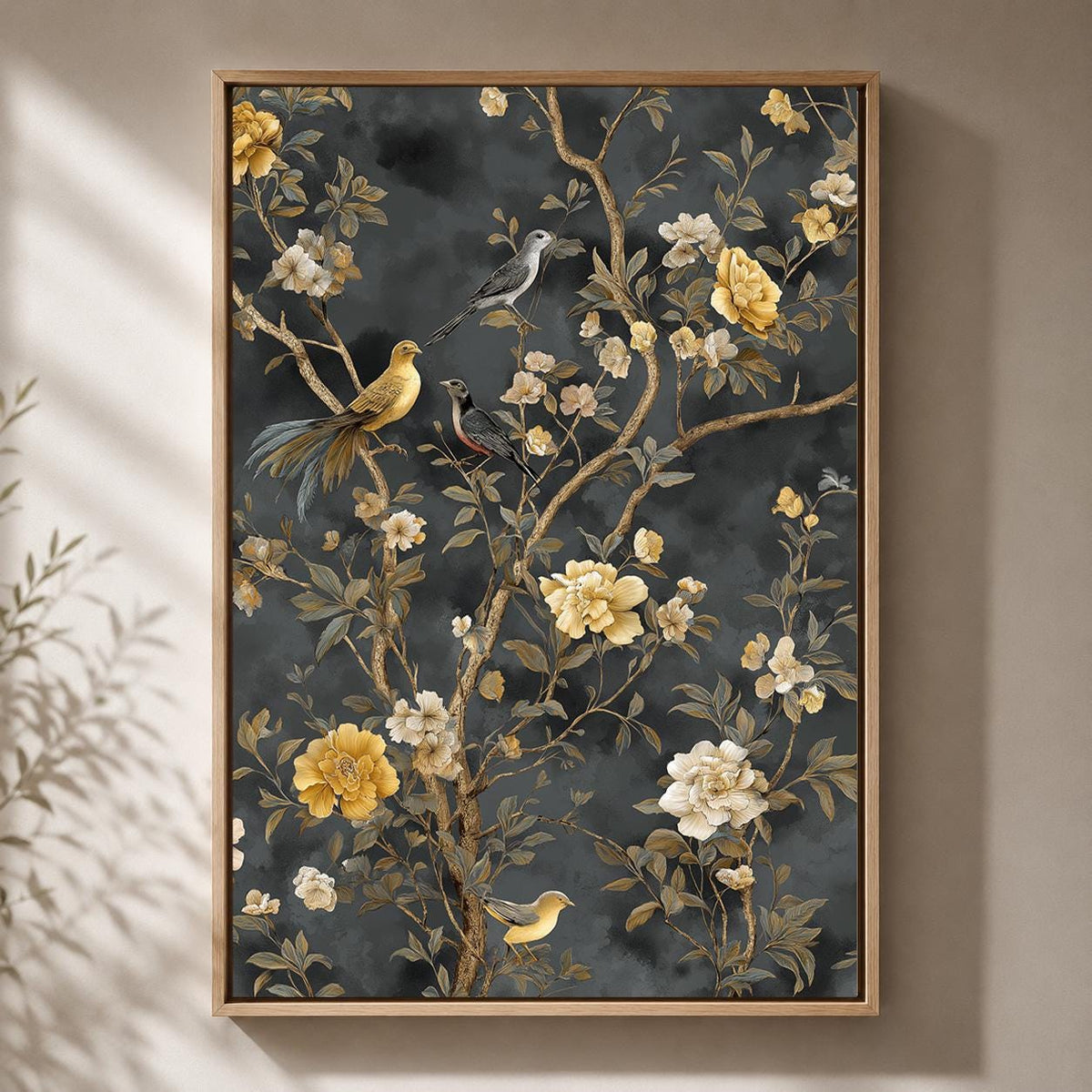 Dark Chinoiserie Floral Bird Framed Canvas Art, Moody Vintage Botanical Print, Maximalist Decor by The Wall Art Studio - p...