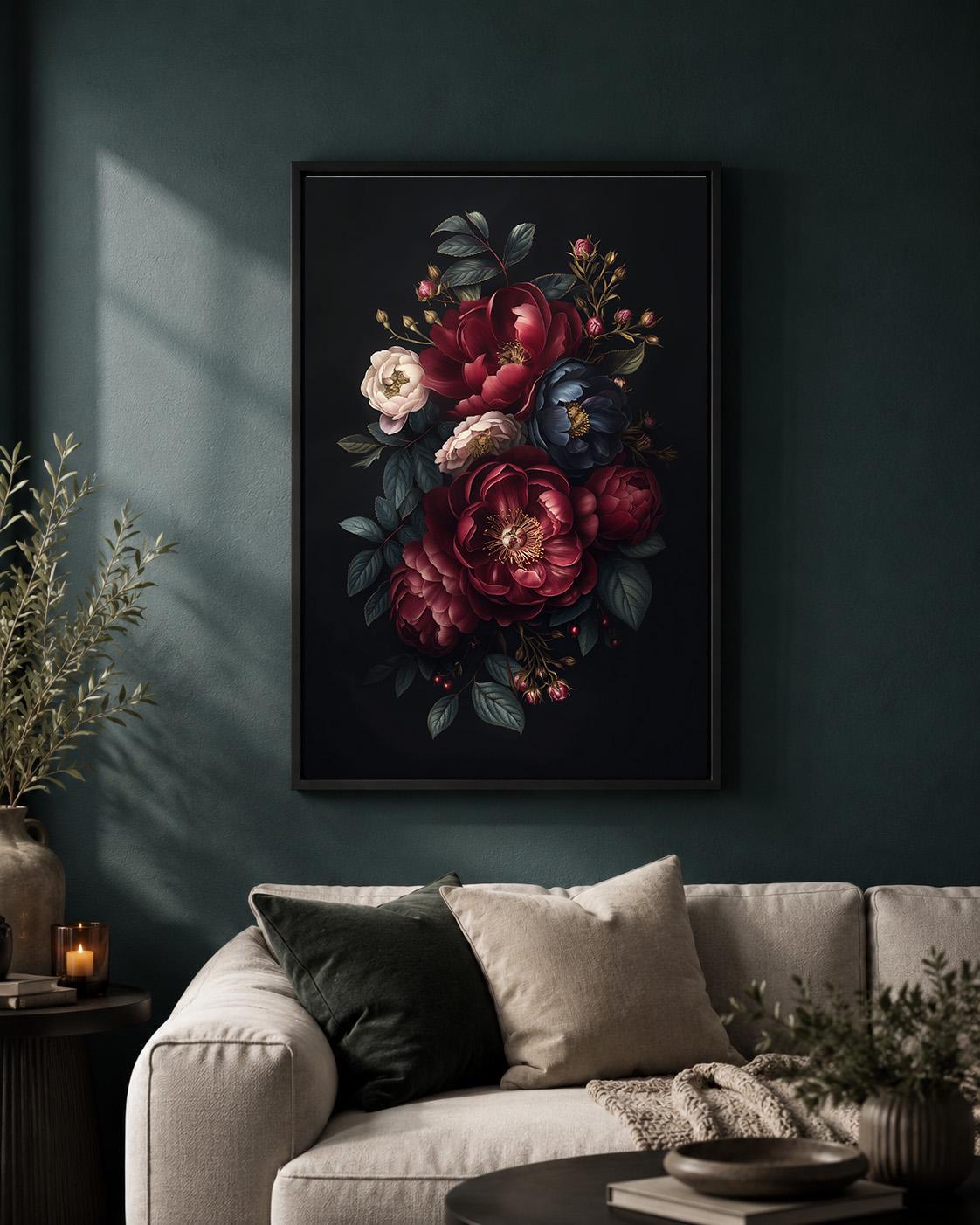 Dark Floral Peony Framed Canvas Art, Moody Botanical Framed Print, Gothic Academia Decor by The Wall Art Studio - physical