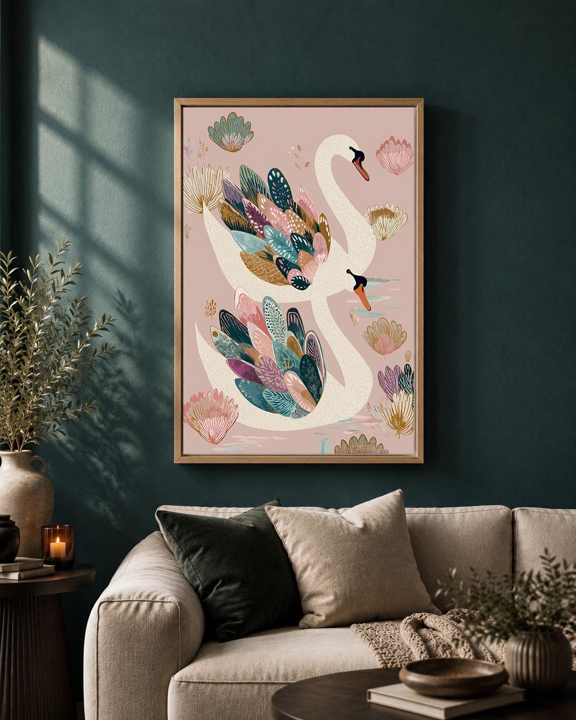 Elegant Swan Framed Canvas Wall Art, Pink Botanical Bird Framed Canvas, Whimsical Nature Canvas Wall Art for Bedroom by Th...