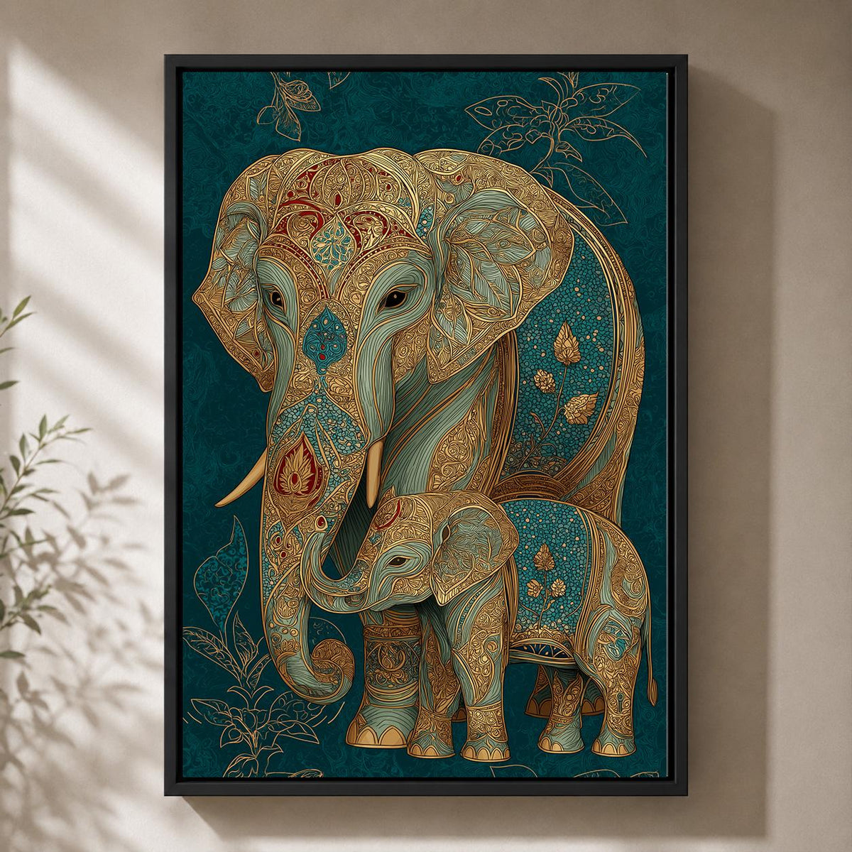 Elephant and Calf Framed Canvas Wall Art, Boho Elephant Family Print, Teal Gold Animal Decor, Luxury Wildlife Canvas by Th...