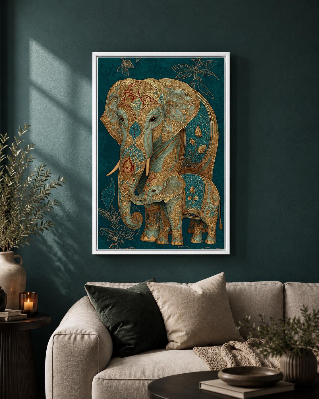 Elephant and Calf Framed Canvas Wall Art, Boho Elephant Family Print, Teal Gold Animal Decor, Luxury Wildlife Canvas by Th...