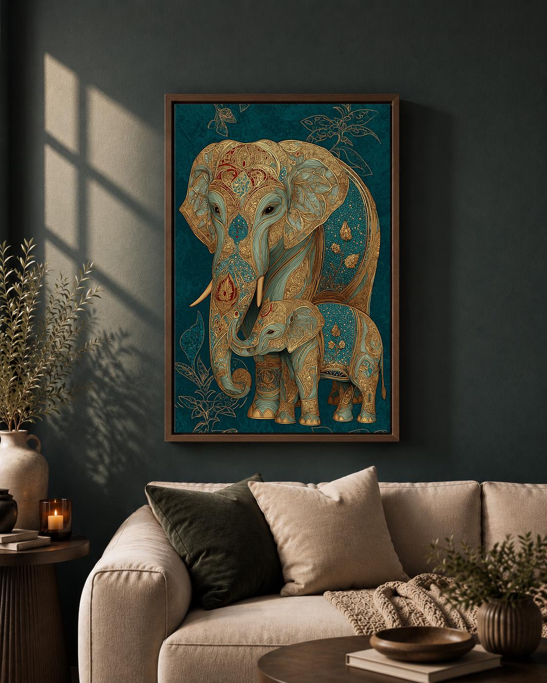 Elephant and Calf Framed Canvas Wall Art, Boho Elephant Family Print, Teal Gold Animal Decor, Luxury Wildlife Canvas by Th...