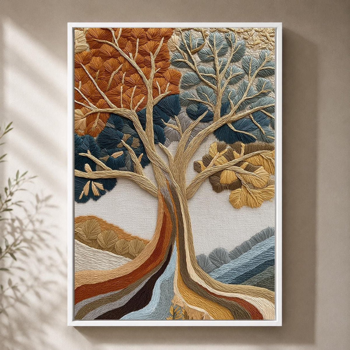 Embroidered Style Tree of Life Framed Canvas Art, Woodland Nature Wall Decor by The Wall Art Studio - physical