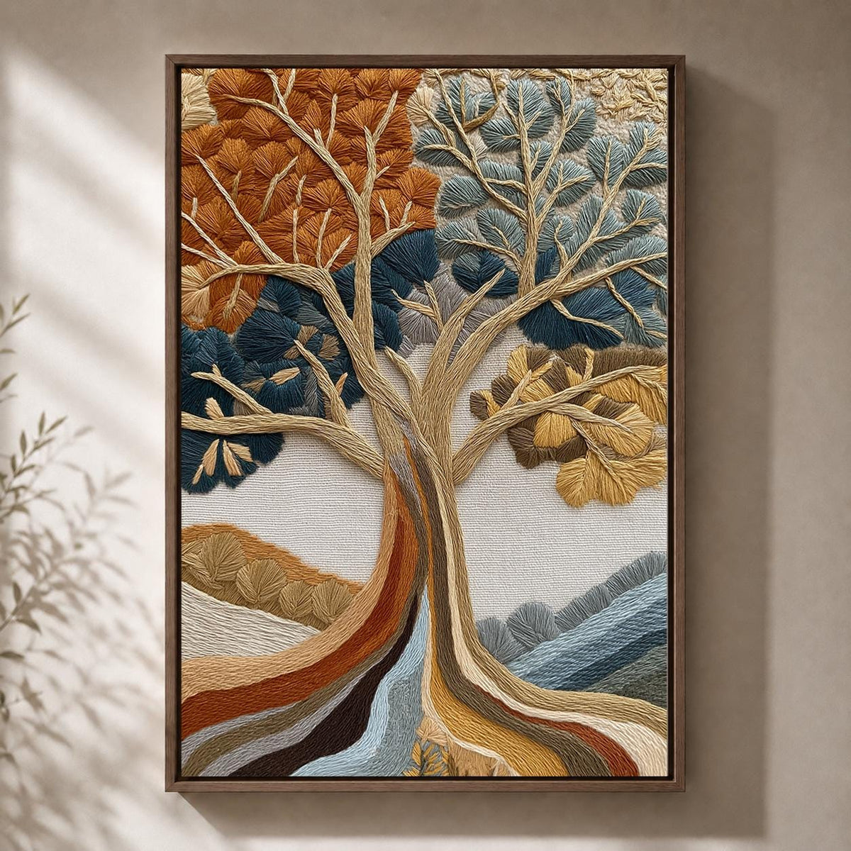 Embroidered Style Tree of Life Framed Canvas Art, Woodland Nature Wall Decor by The Wall Art Studio - physical
