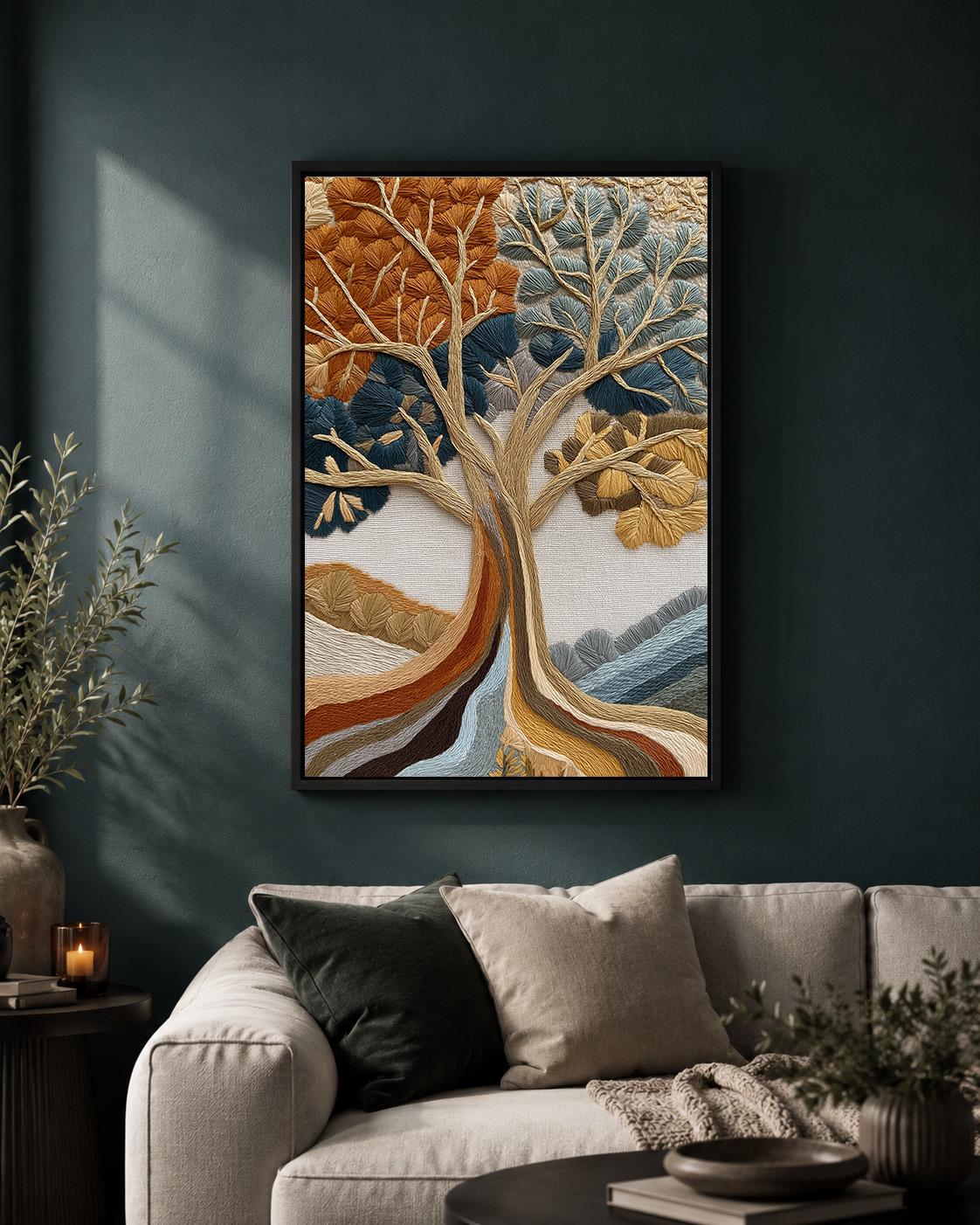 Embroidered Style Tree of Life Framed Canvas Art, Woodland Nature Wall Decor by The Wall Art Studio - physical