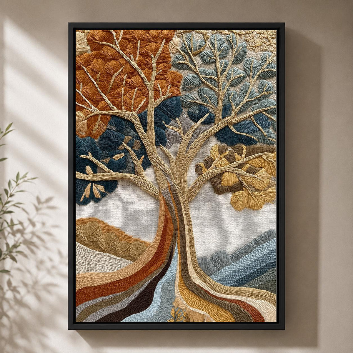 Embroidered Style Tree of Life Framed Canvas Art, Woodland Nature Wall Decor by The Wall Art Studio - physical