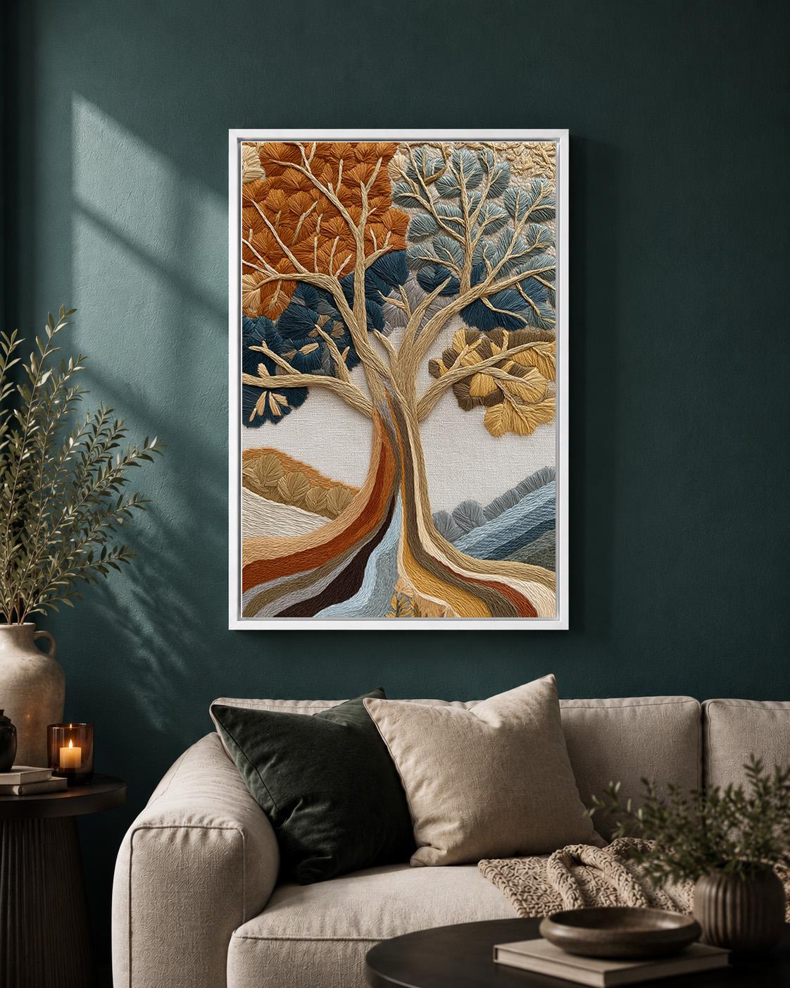 Embroidered Style Tree of Life Framed Canvas Art, Woodland Nature Wall Decor by The Wall Art Studio - physical