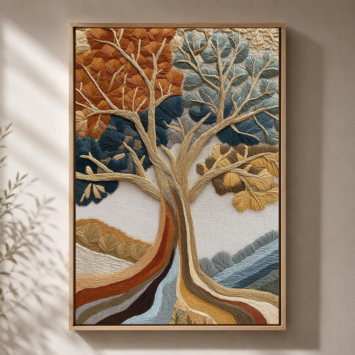 Embroidered Style Tree of Life Framed Canvas Art, Woodland Nature Wall Decor by The Wall Art Studio - physical