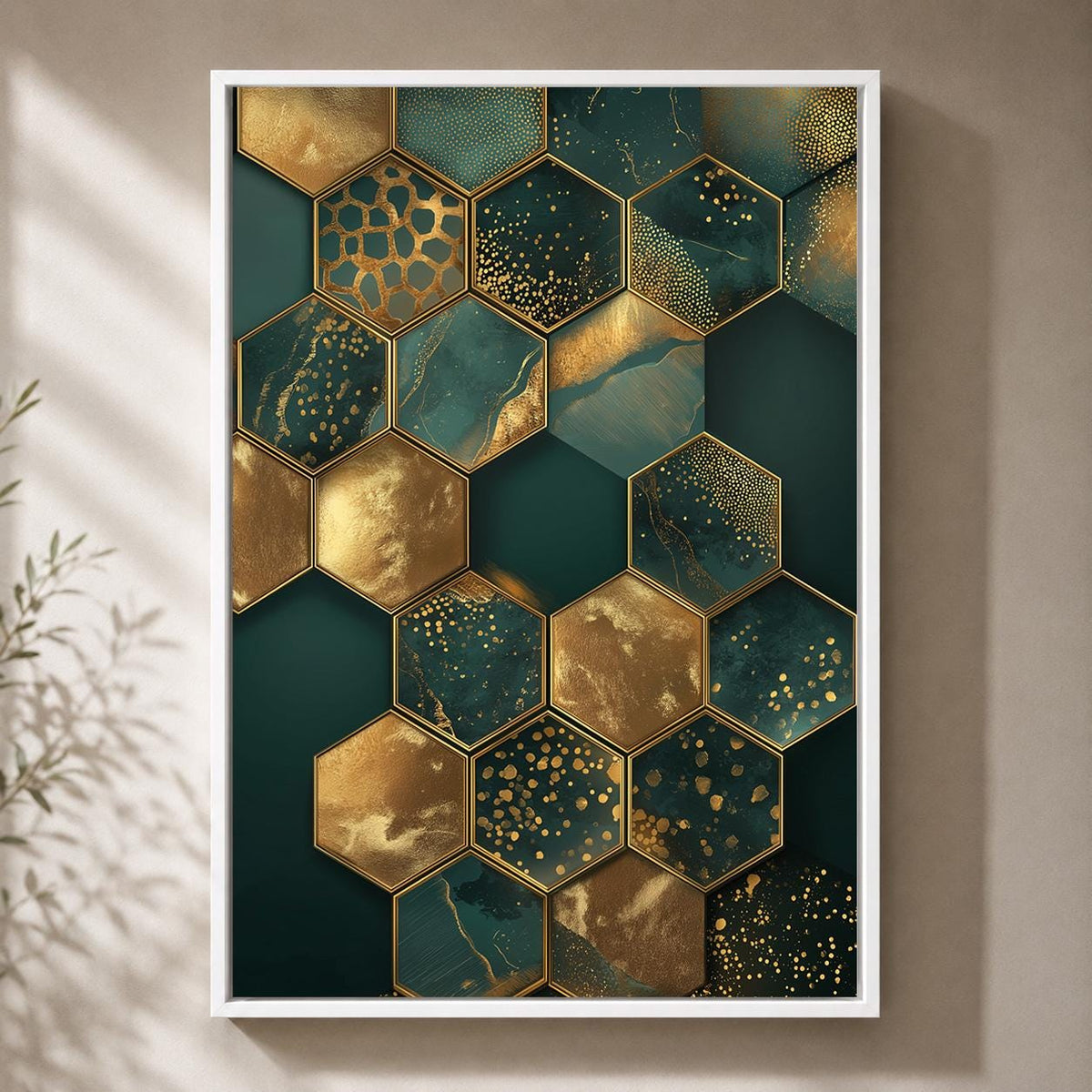 Emerald Gold Hexagon Abstract Framed Canvas Art, Luxury Geometric Print, Modern Glam Decor by The Wall Art Studio - physical