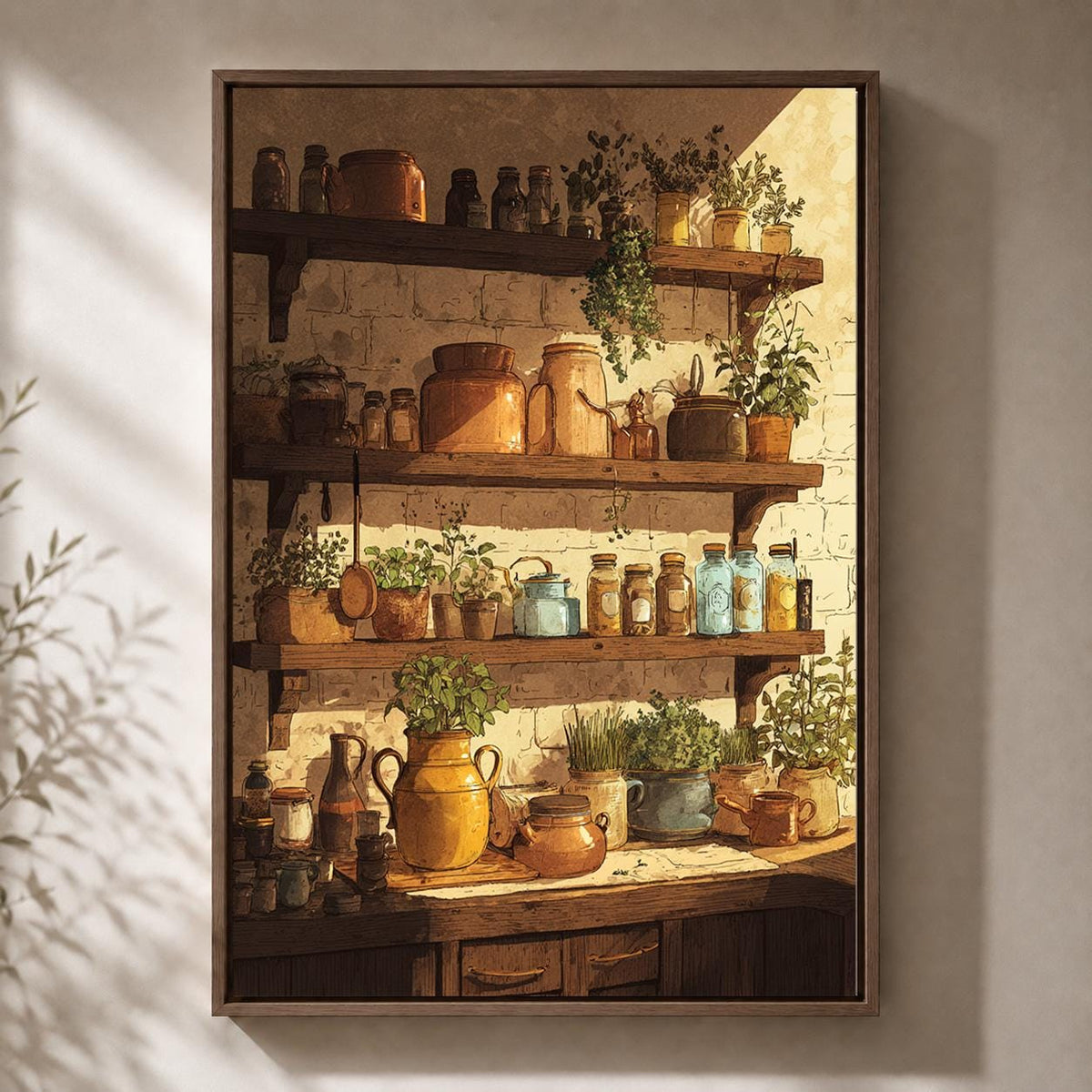 Farmhouse Kitchen Herb Shelf Framed Canvas Art, Rustic Pantry Cottagecore Decor by The Wall Art Studio - physical