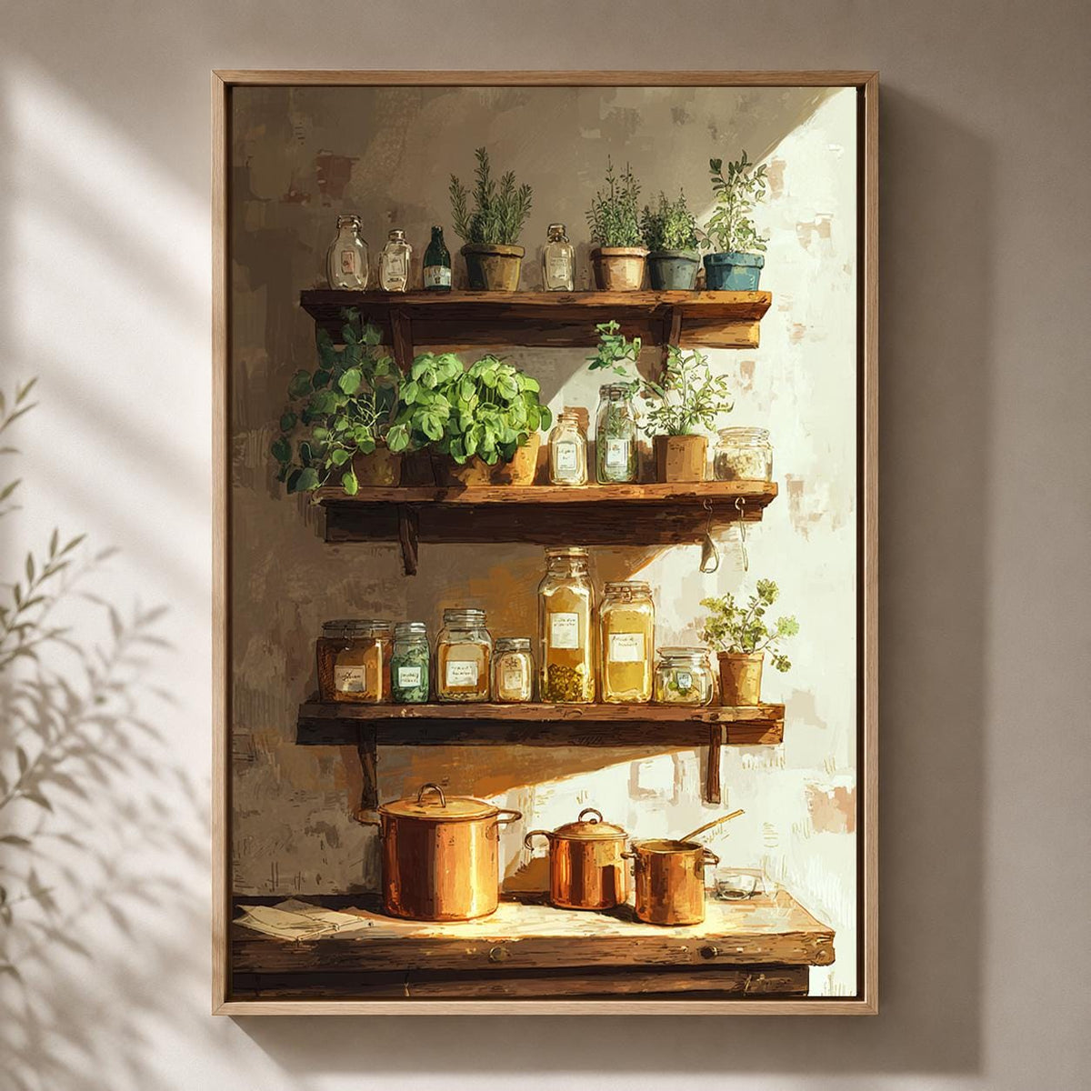 Farmhouse Kitchen Herb Shelf Framed Canvas, Rustic Pantry Framed Canvas Print by The Wall Art Studio - physical