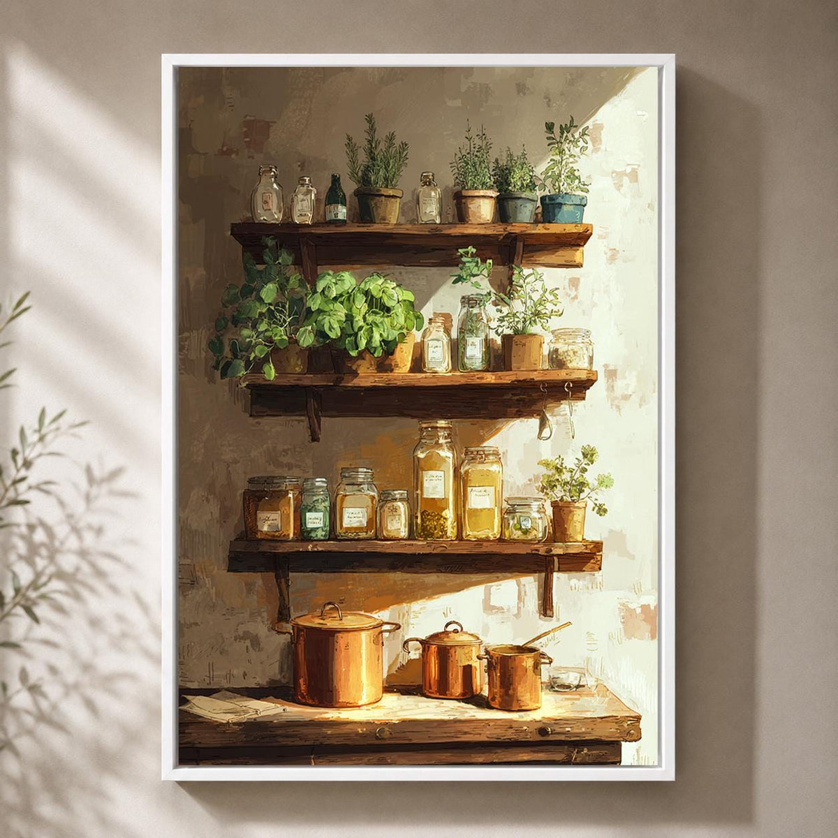 Farmhouse Kitchen Herb Shelf Framed Canvas, Rustic Pantry Framed Canvas Print by The Wall Art Studio - physical