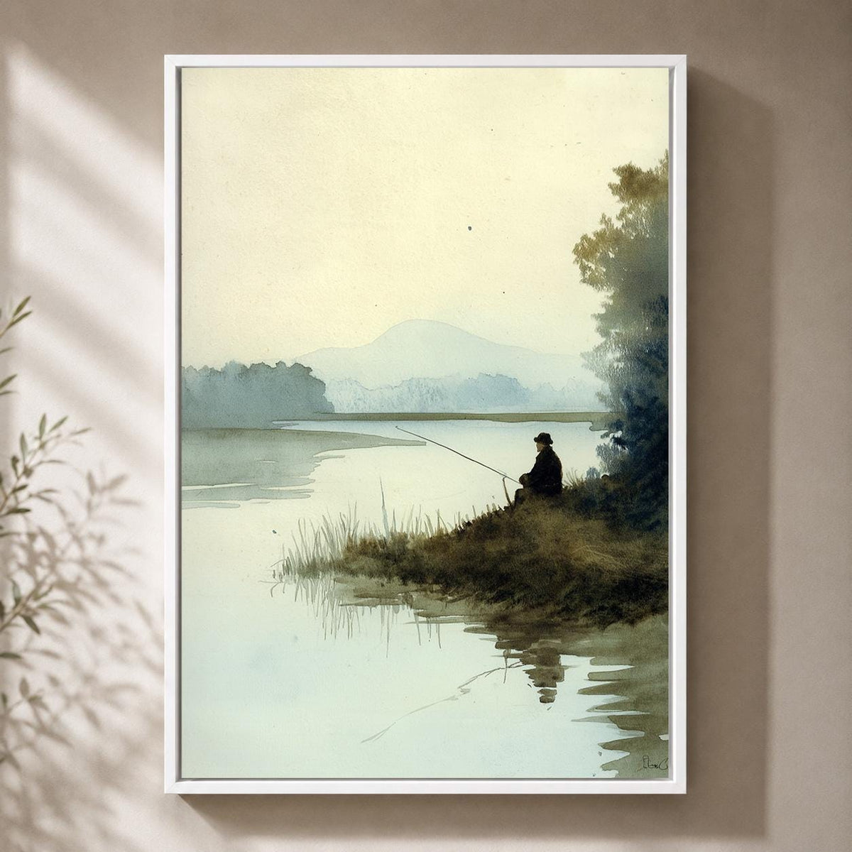 Fishing Framed Canvas Wall Art, Peaceful Lake Landscape Framed Canvas, Watercolour Nature Canvas Wall Art, Angler Gift by...