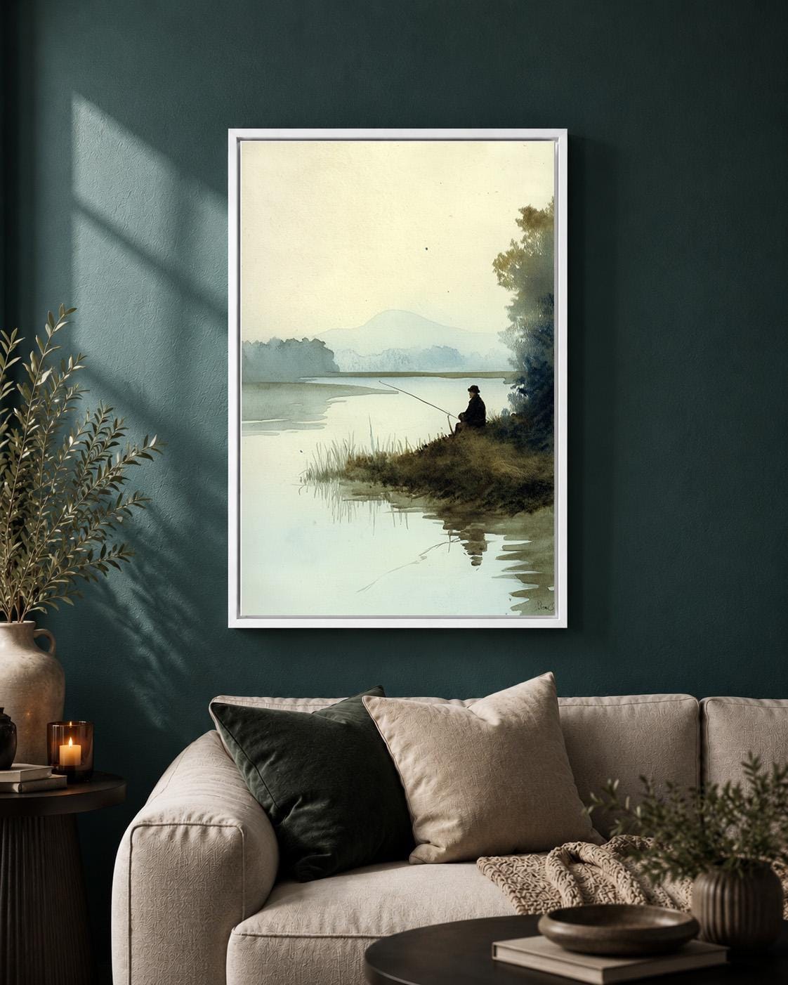 Fishing Framed Canvas Wall Art, Peaceful Lake Landscape Framed Canvas, Watercolour Nature Canvas Wall Art, Angler Gift by...
