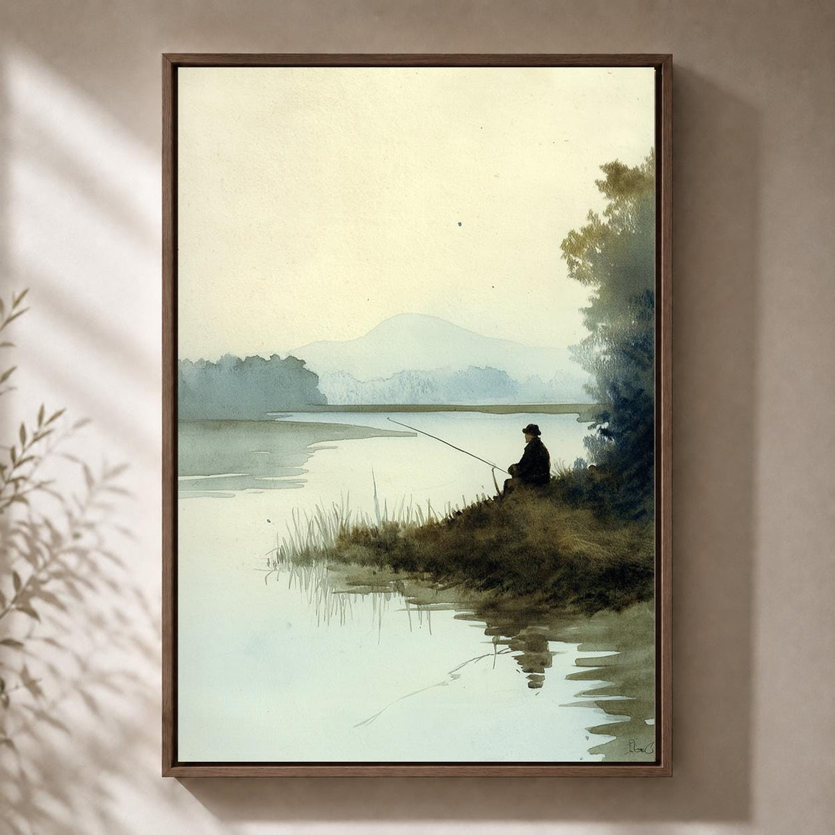 Fishing Framed Canvas Wall Art, Peaceful Lake Landscape Framed Canvas, Watercolour Nature Canvas Wall Art, Angler Gift by...