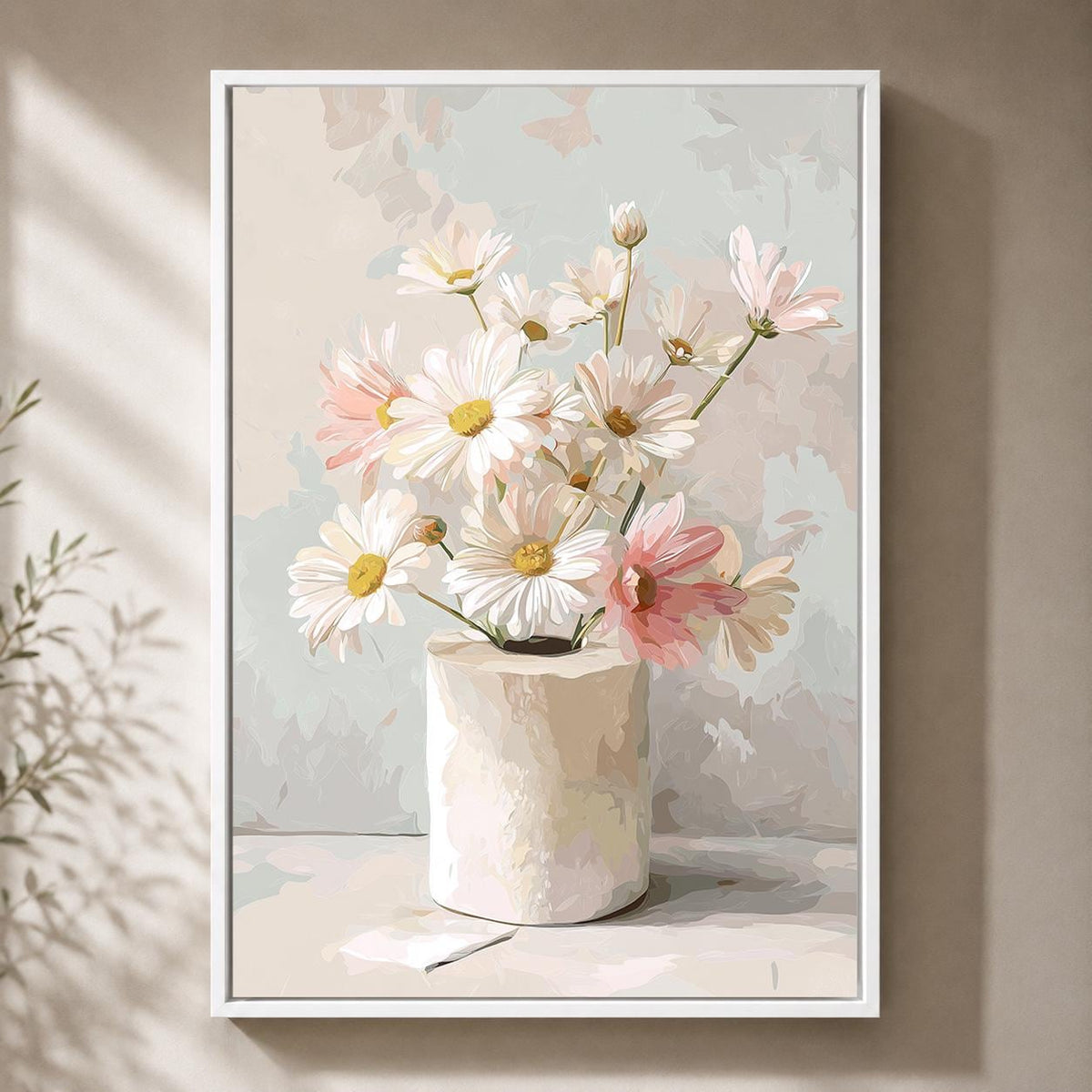 Floral Toilet Paper Framed Canvas Art, Neutral Daisy Bathroom Print, Minimalist Wall Decor by The Wall Art Studio - physical