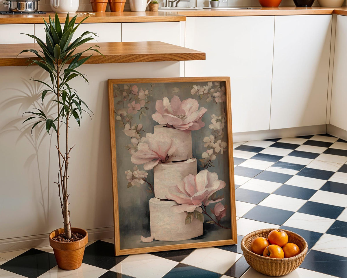 Floral Toilet Paper Print, Pink Magnolia Shabby Chic Botanical Bath Art (Framed Option) by The Wall Art Studio - physical