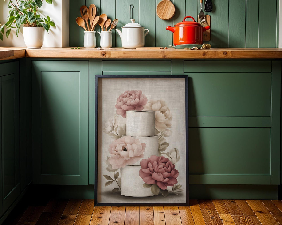 Floral Toilet Paper Print, Pink Magnolia Shabby Chic Botanical Bath Art (Framed Option) by The Wall Art Studio - physical