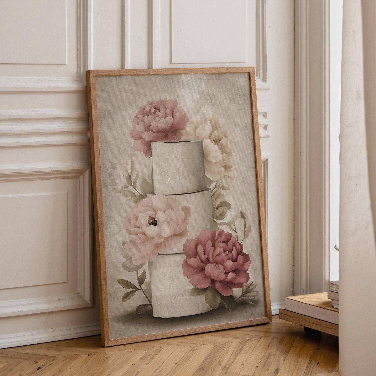 Floral Toilet Paper Print, Pink Magnolia Shabby Chic Botanical Bath Art (Framed Option) by The Wall Art Studio - physical
