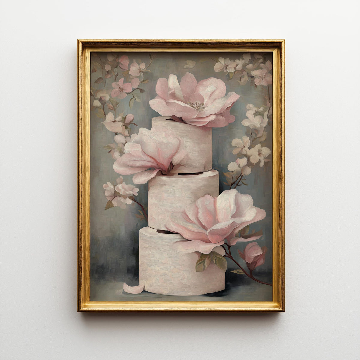 Floral Toilet Paper Print, Pink Magnolia Shabby Chic Botanical Bath Art (Framed Option) by The Wall Art Studio - physical