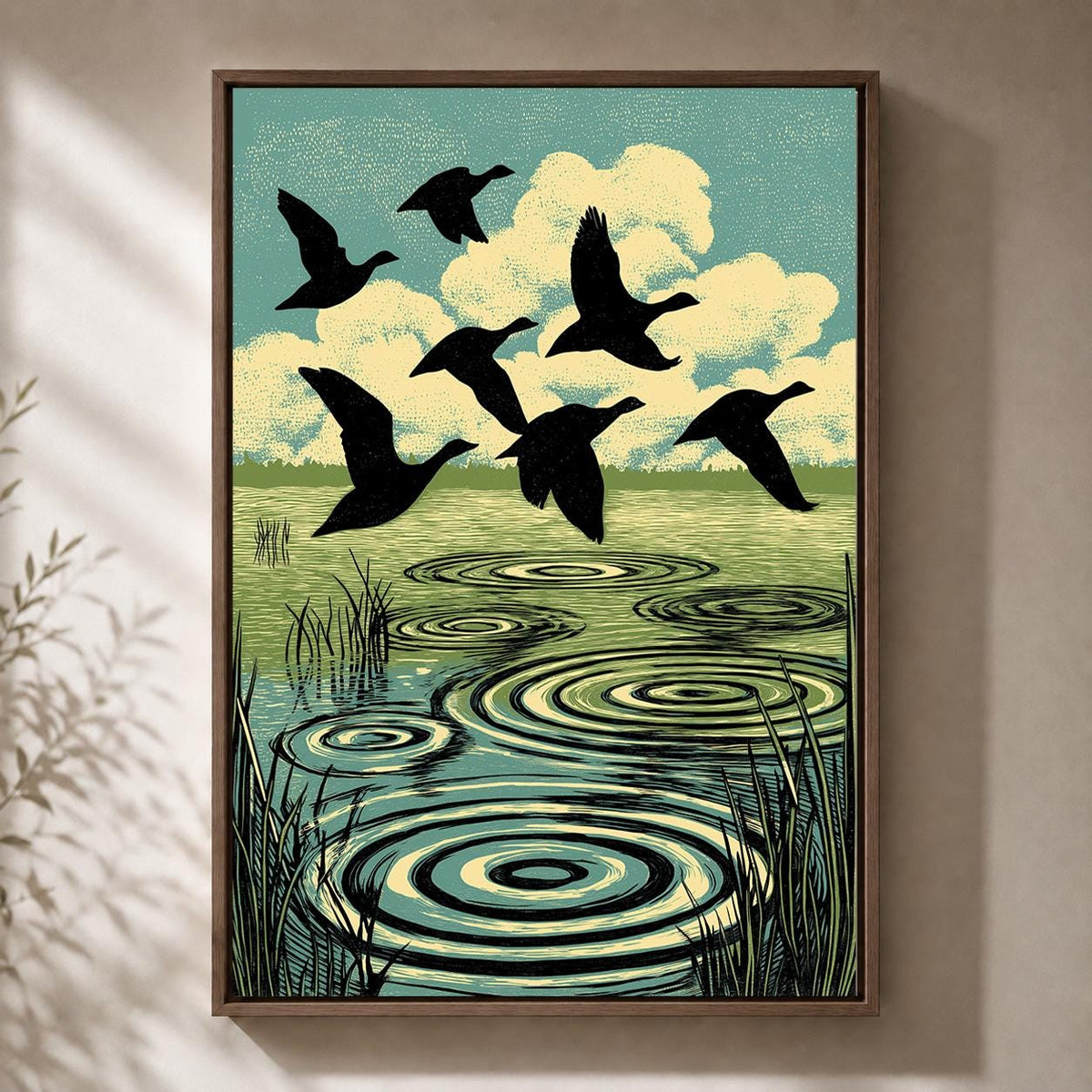 Flying Ducks Framed Canvas Wall Art, Linocut Wildlife Framed Canvas, Vintage Nature Canvas Wall Art, Wetland Bird Decor by...
