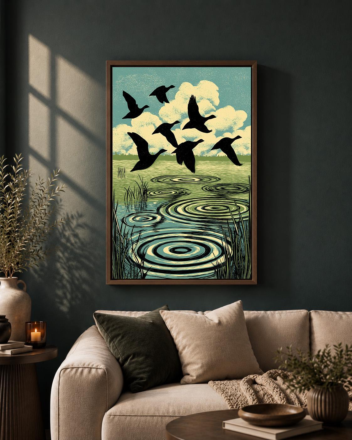 Flying Ducks Framed Canvas Wall Art, Linocut Wildlife Framed Canvas, Vintage Nature Canvas Wall Art, Wetland Bird Decor by...