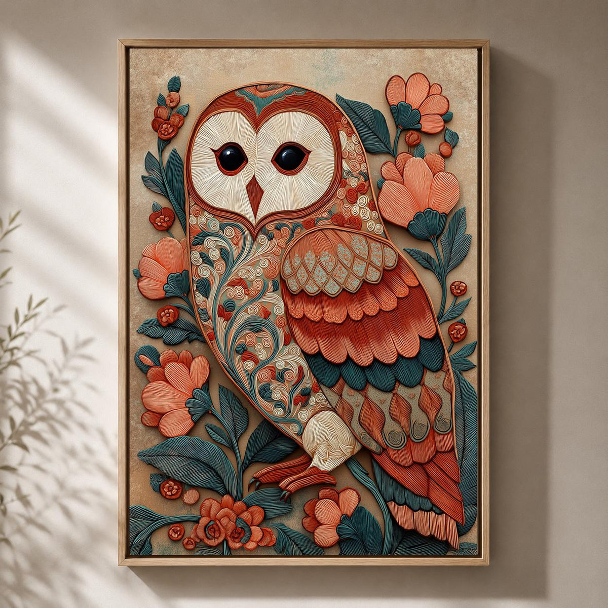 Folk Art Barn Owl Framed Canvas, Boho Woodland Teal Coral Nature Print by The Wall Art Studio - physical