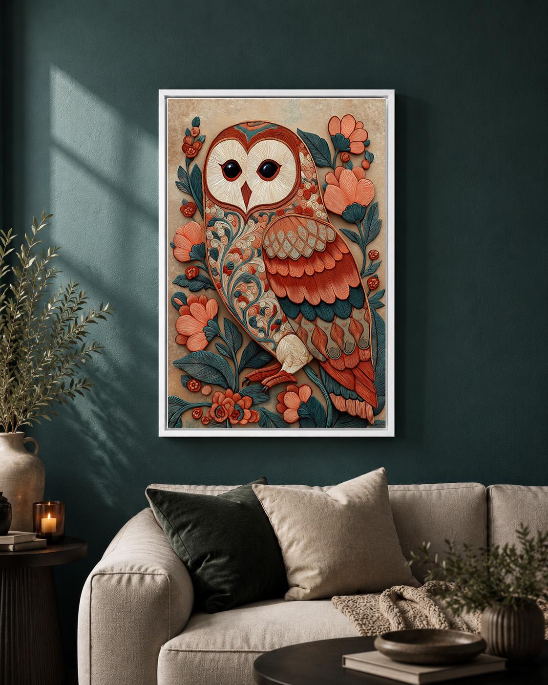 Folk Art Barn Owl Framed Canvas, Boho Woodland Teal Coral Nature Print by The Wall Art Studio - physical