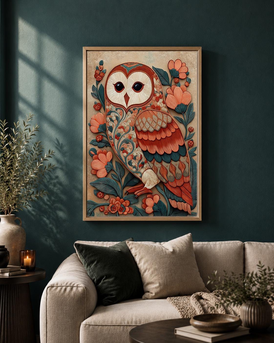 Folk Art Barn Owl Framed Canvas, Boho Woodland Teal Coral Nature Print by The Wall Art Studio - physical