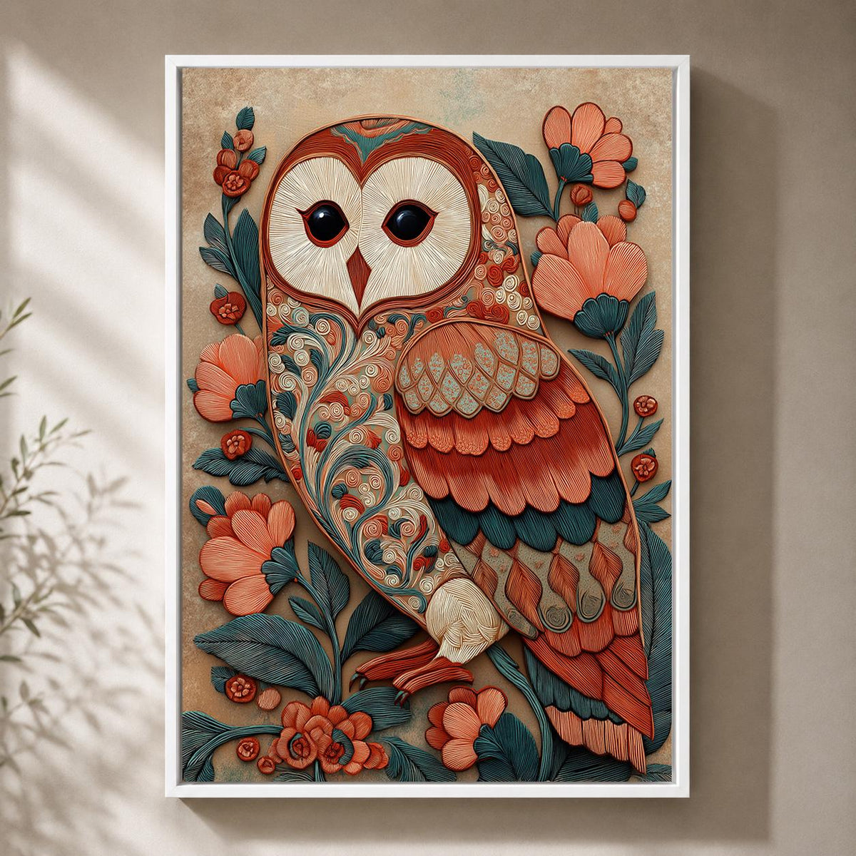 Folk Art Barn Owl Framed Canvas, Boho Woodland Teal Coral Nature Print by The Wall Art Studio - physical