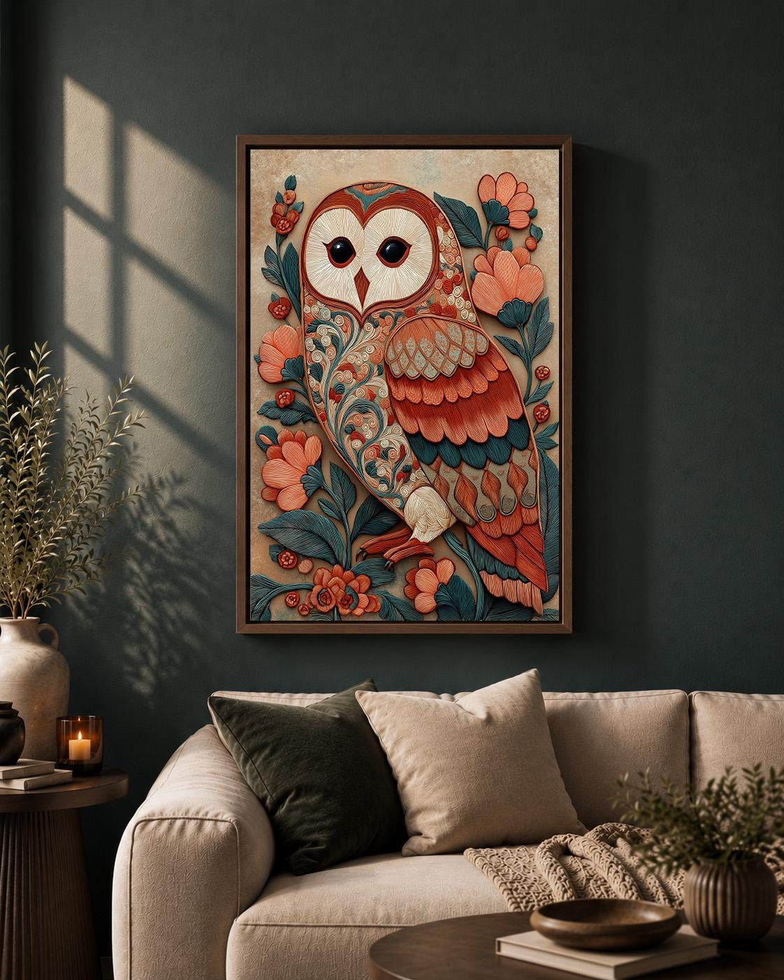 Folk Art Barn Owl Framed Canvas, Boho Woodland Teal Coral Nature Print by The Wall Art Studio - physical