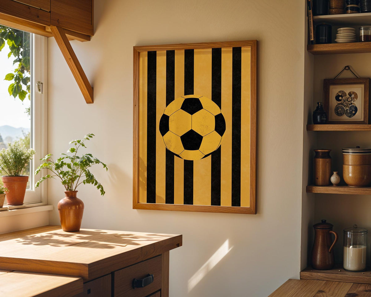 Football Wall Art, Soccer Ball Print, Kids Football Room Decor, Sports Nursery Art, Yellow Black Stripe Soccer Poster (Fra...